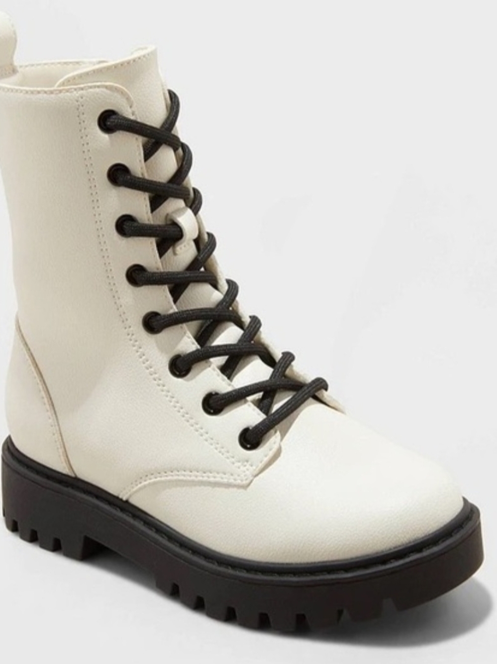 White Lace-Up Combat Boots with Black Laces